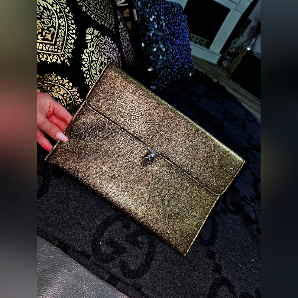 Alexander McQueen Metallic Leather Envelope Clutch with Crystal